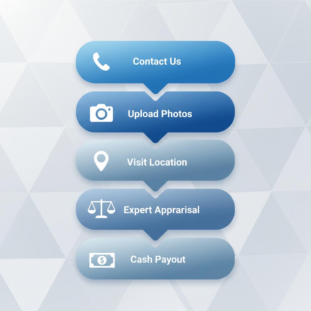 Vertical process flow diagram illustrating the five steps to sell gold: contact, upload photos, visit location, expert appraisal, and receive cash payout.