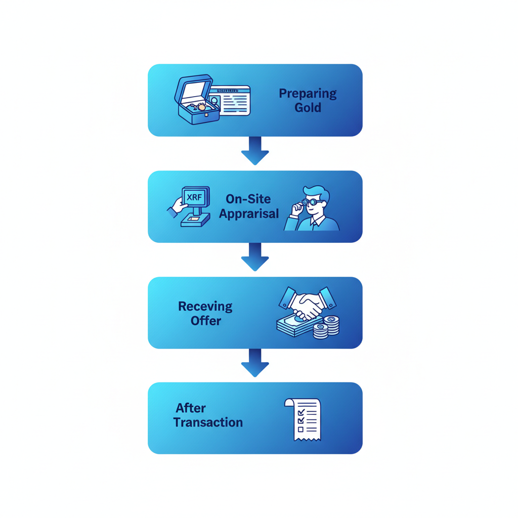 Vertical process flow diagram illustrating four key steps for selling gold in New York City