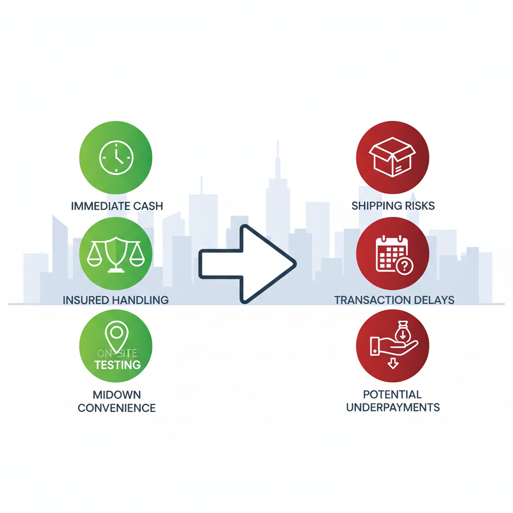Infographic comparing advantages of selling gold locally in NYC versus remote options with icons for speed, security, testing, location, risks, delays, and underpayments