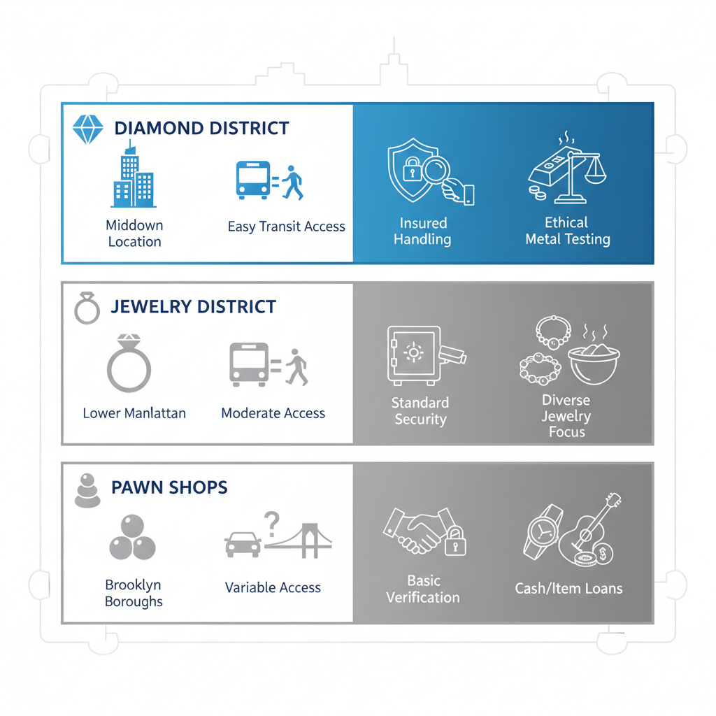 Infographic comparing New York City areas for selling gold, emphasizing Diamond District's advantages in accessibility, security, and specialization.