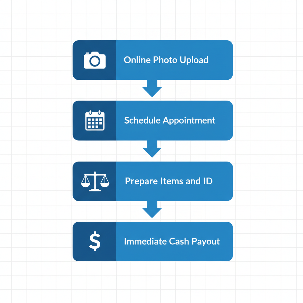 Vertical process flow diagram showing five steps to sell gold in NYC: photo upload, appointment, preparation, evaluation, and payout.