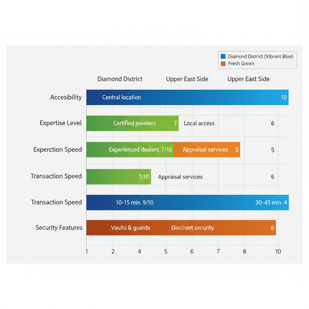 Horizontal bar chart comparing gold selling areas in NYC by accessibility, expertise, speed, and security metrics.