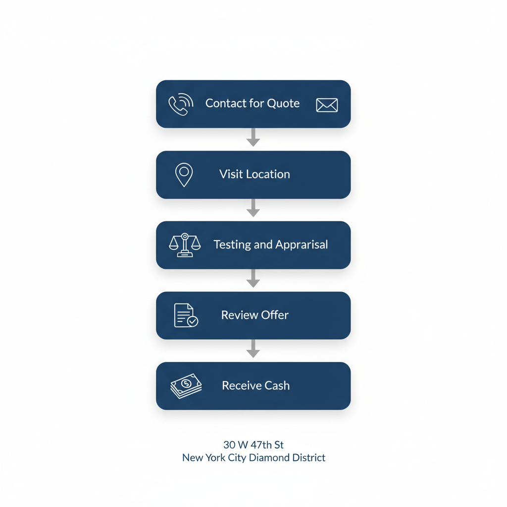 Vertical process flow diagram illustrating the five steps to sell gold: contact for quote, visit location, testing and appraisal, review offer, and receive cash.