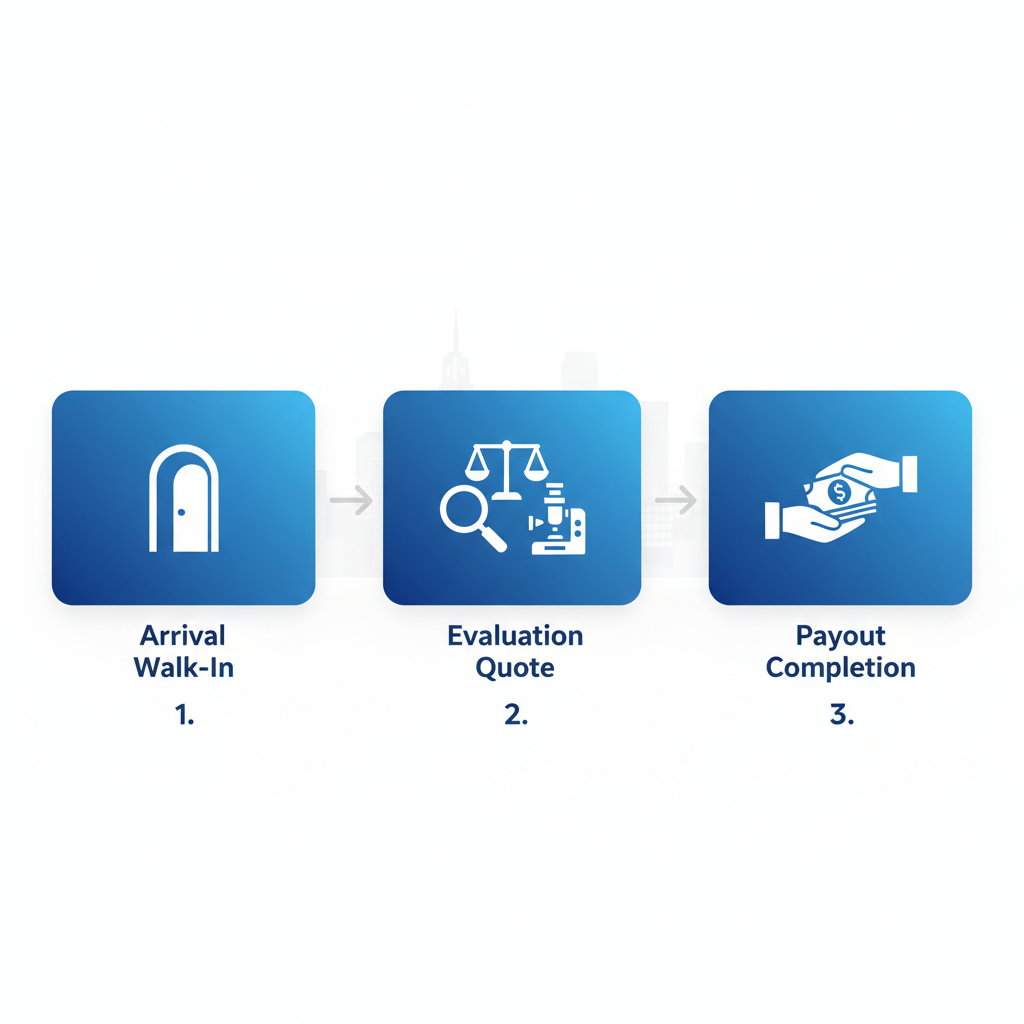 Horizontal process flow illustrating three stages of selling gold: arrival, evaluation, and payout at NYC location.