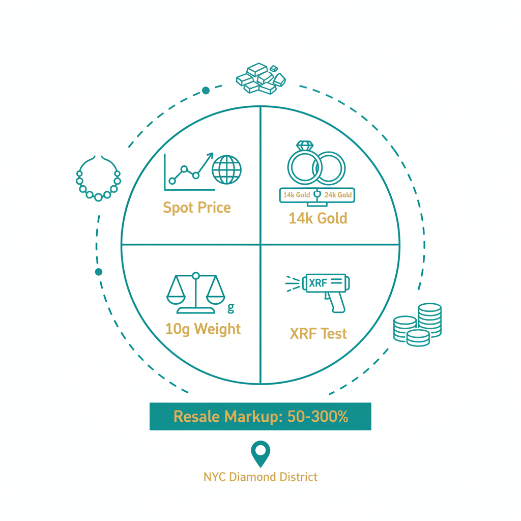 Infographic illustrating key factors in gold valuation including market price, purity, weight, and testing in New York City