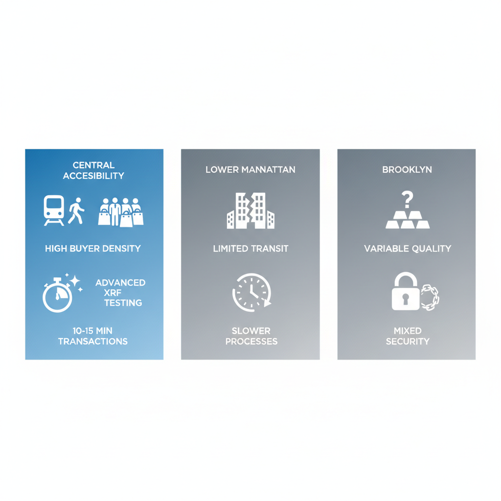 Infographic comparing Diamond District, Lower Manhattan, and Brooklyn for gold selling advantages