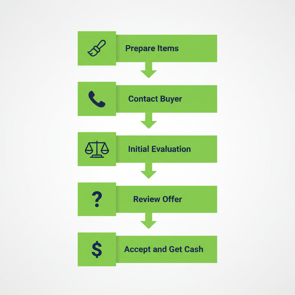 Vertical step-by-step diagram illustrating the process of selling gold in NYC's Diamond District