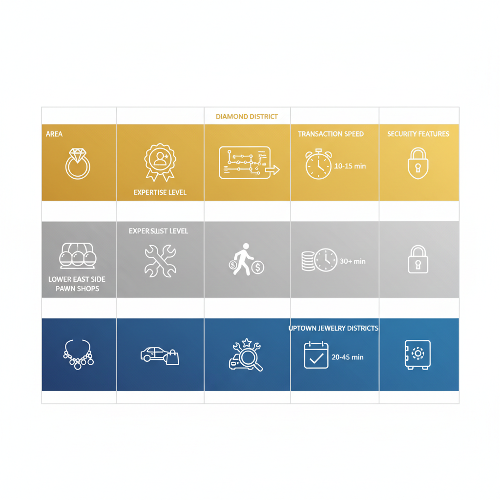 Infographic comparing areas for selling precious metals in New York City, highlighting Diamond District advantages