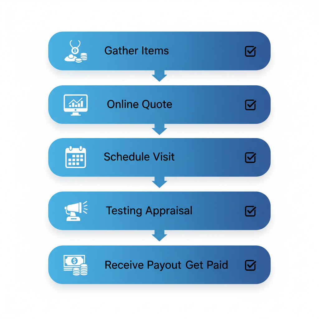 Vertical process flow diagram showing five steps for selling gold in NYC: gather items and ID, online photo upload for pre-quote, schedule or walk-in, testing and appraisal, receive cash payout.