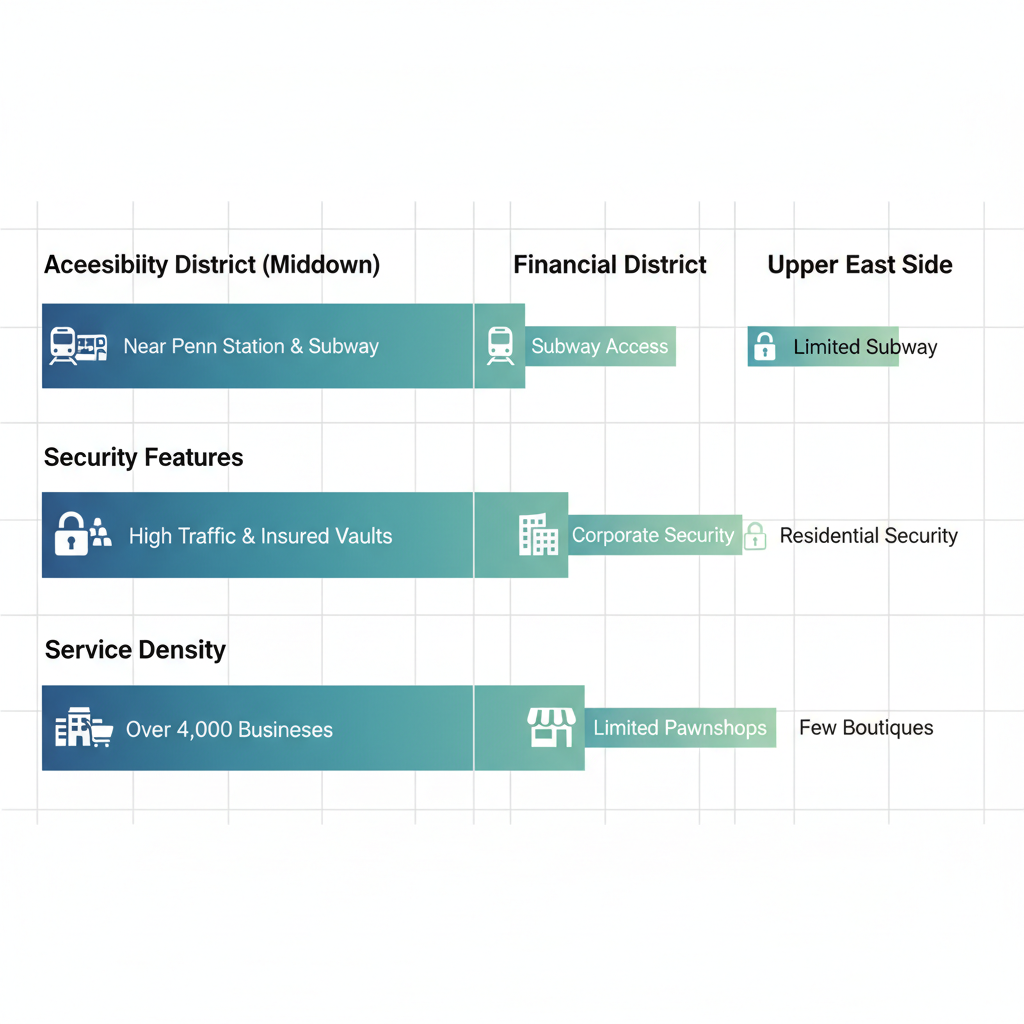 Comparison infographic of gold buying areas in NYC: Diamond District, Financial District, and Upper East Side, highlighting accessibility, security, and service density.