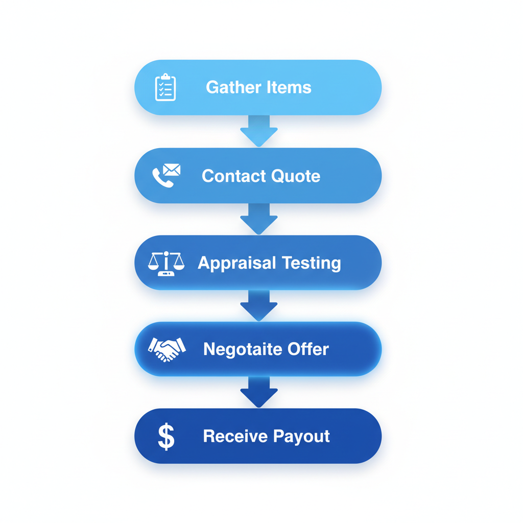 Vertical process flow diagram illustrating five steps to sell gold in New York City with icons and brief labels.