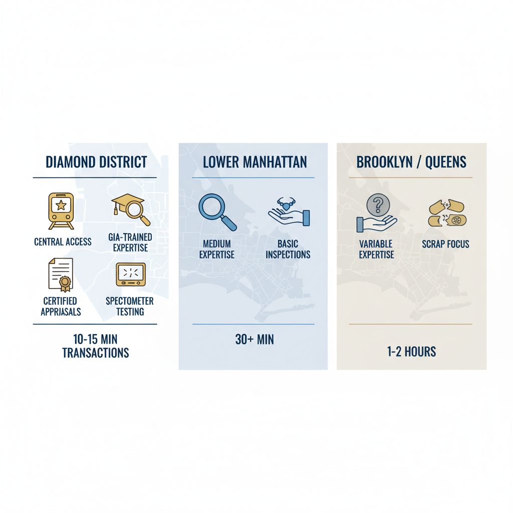 Infographic comparing gold buying services in NYC's Diamond District, Lower Manhattan, and Brooklyn/Queens with icons and time metrics.