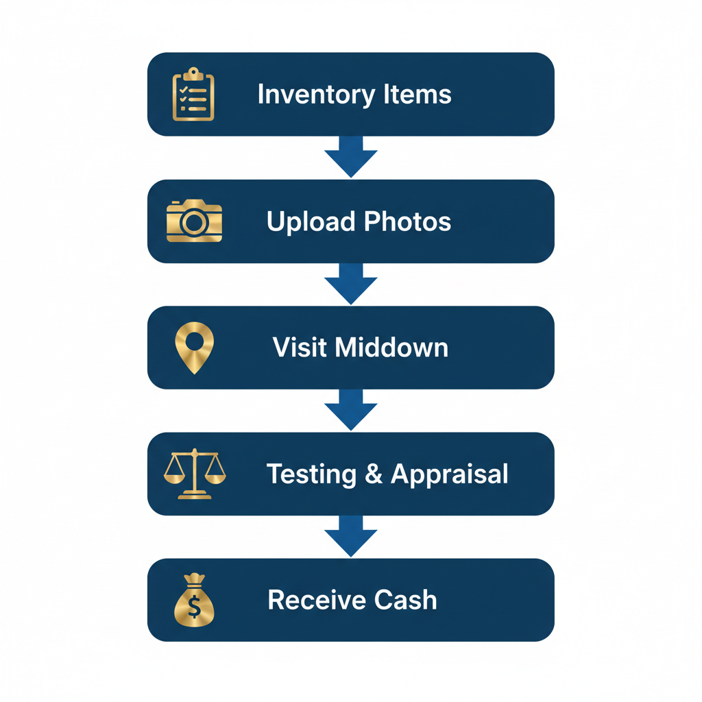 Vertical process flow diagram illustrating five steps to sell gold in NYC, featuring icons for inventory, photo upload, visit, appraisal, and cash receipt.
