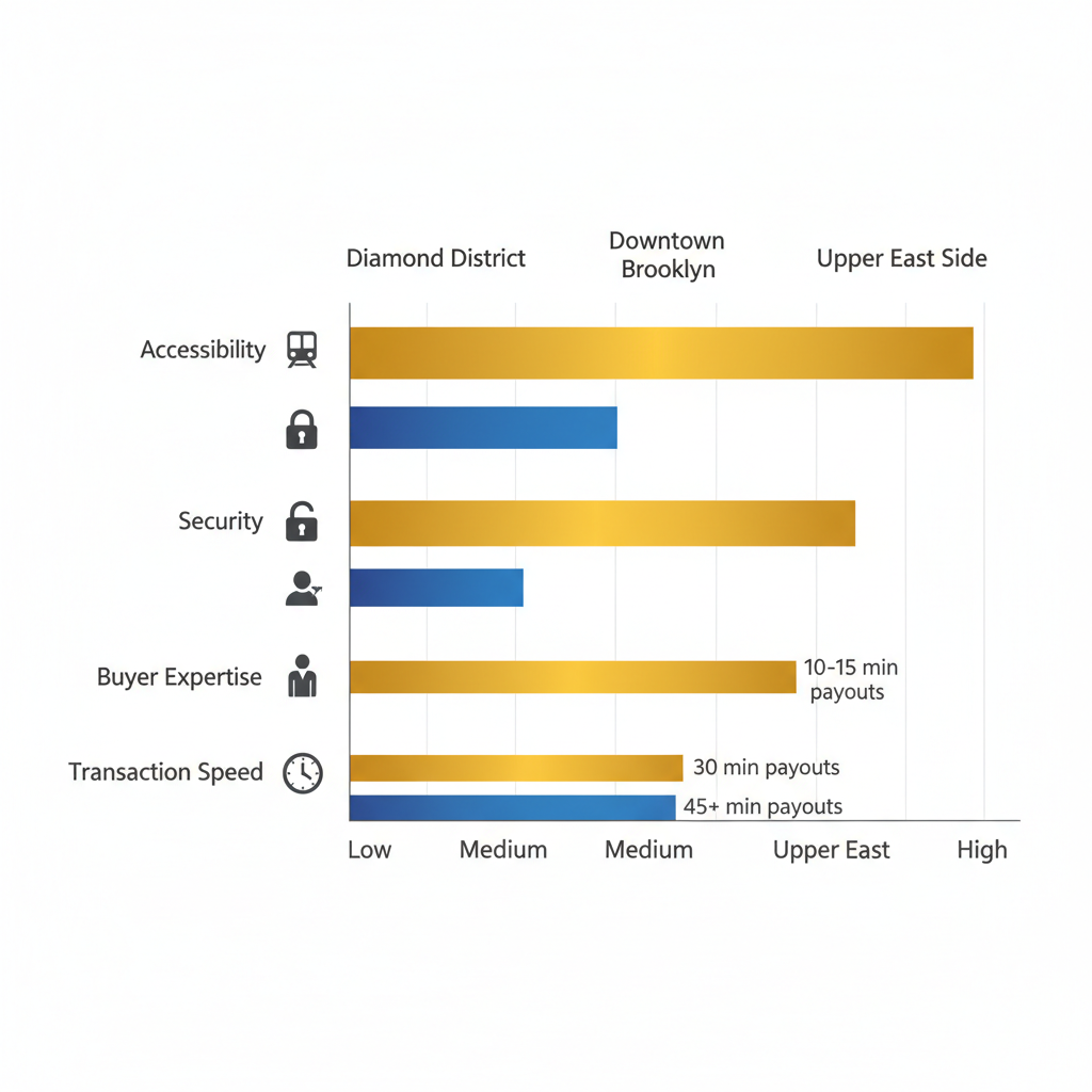 Horizontal bar chart comparing accessibility, security, buyer expertise, and transaction speed for selling gold coins in NYC areas including Diamond District.