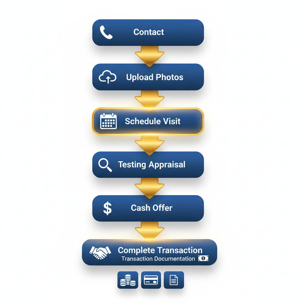 Vertical process flow diagram showing six steps to sell gold coins in NYC: contact, upload photos, schedule visit, testing and appraisal, cash offer, and complete transaction.