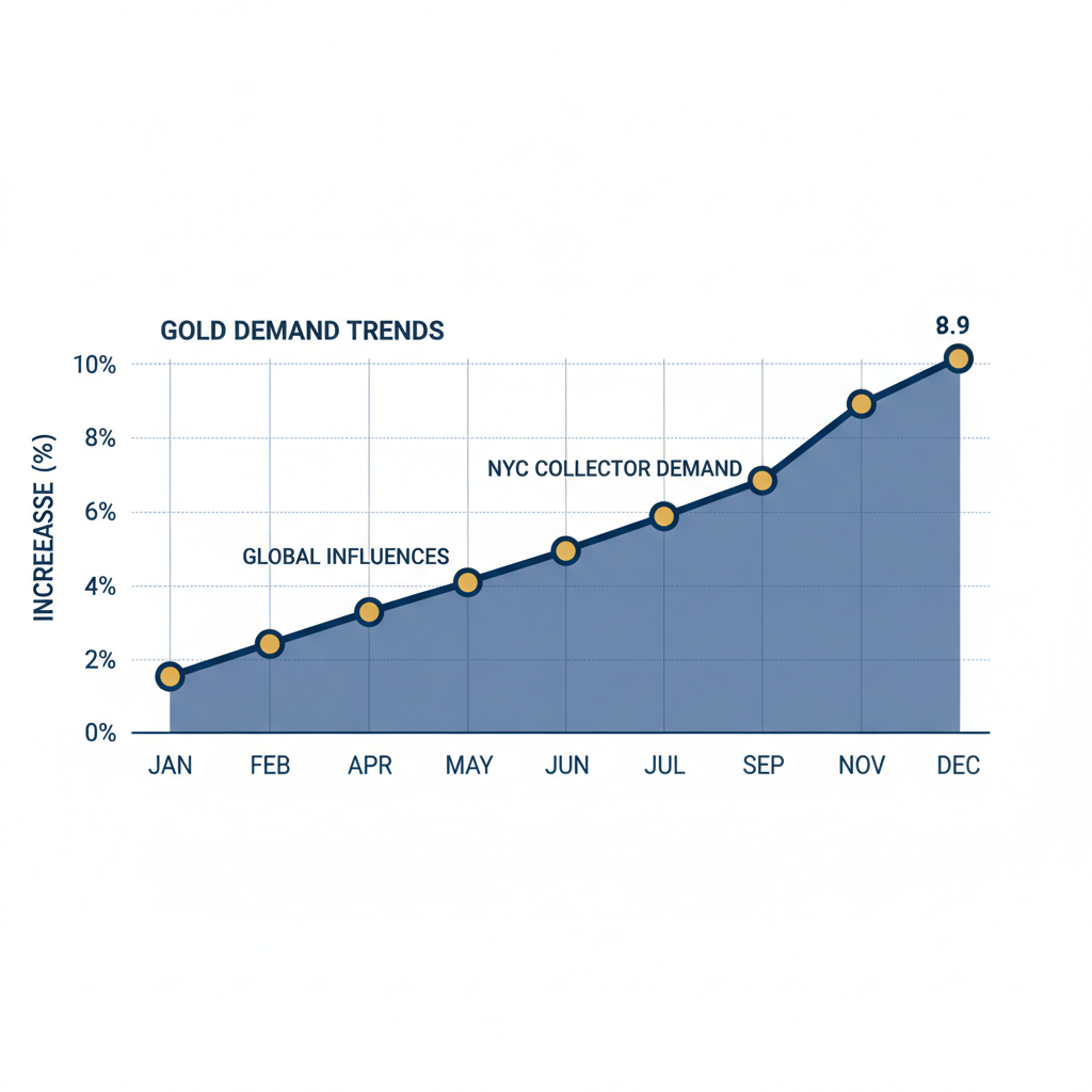 Line chart depicting rising gold demand trends for 2025 in the New York City market, with monthly percentage increases from 0% to 10%.
