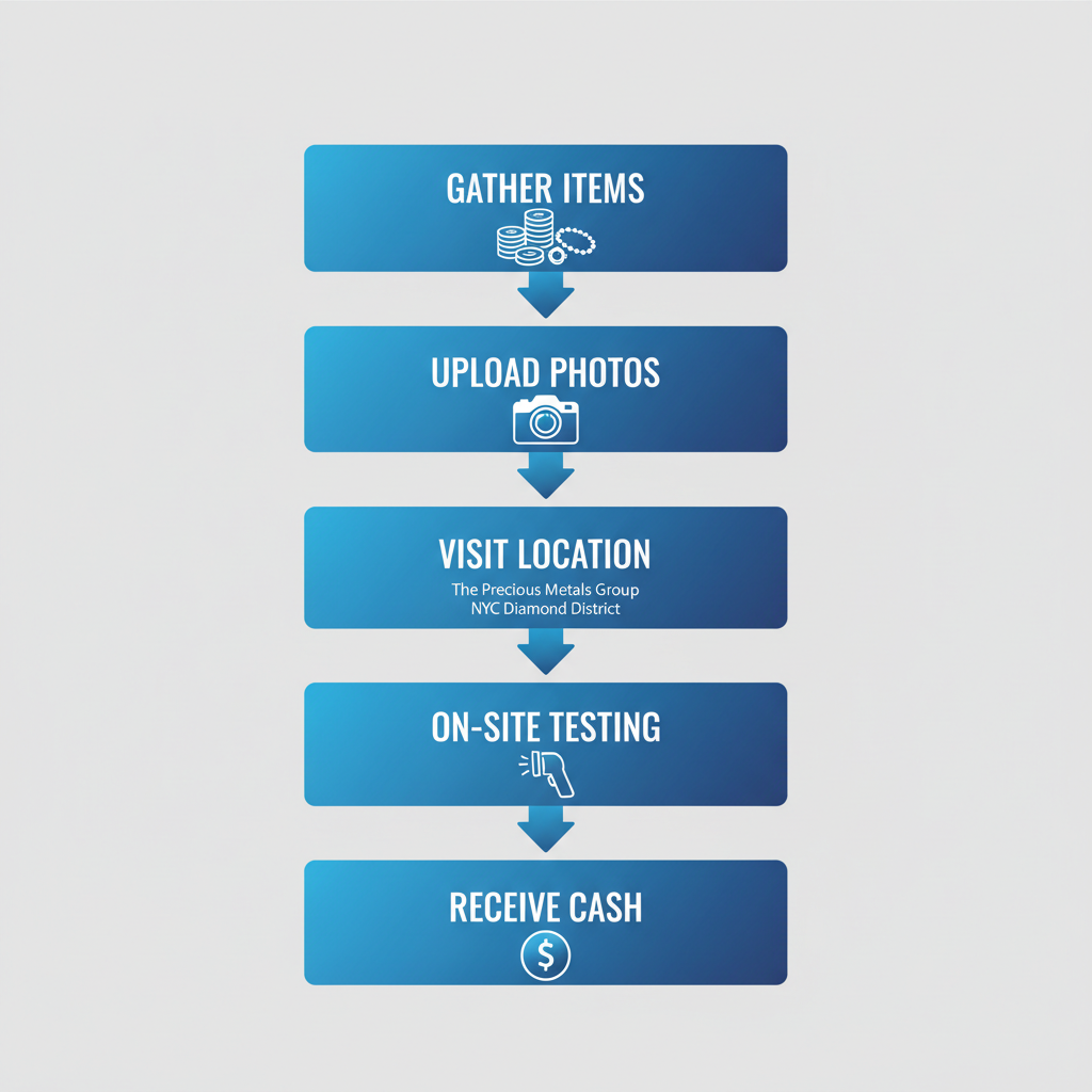 Vertical process flow diagram illustrating five steps to sell silver in New York City