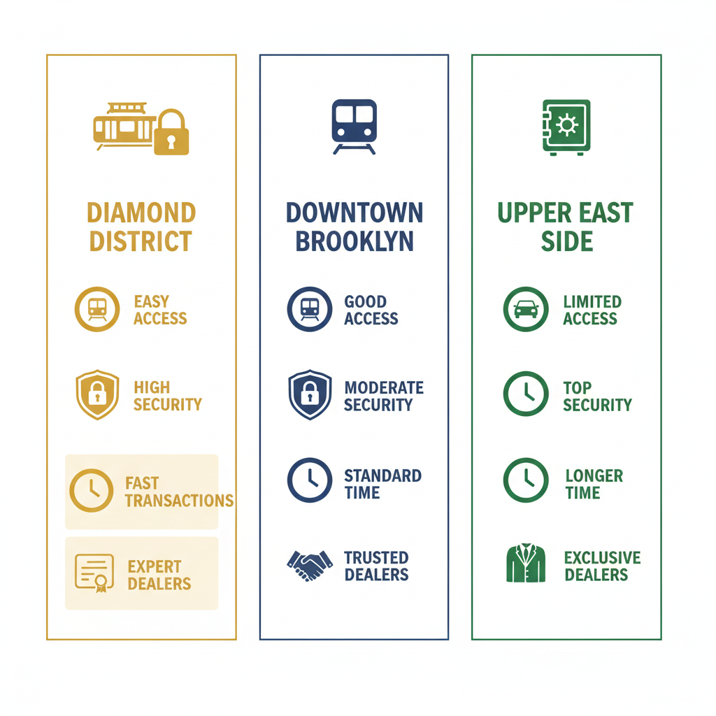 Infographic comparing gold bullion selling areas in New York City, featuring Diamond District, Downtown Brooklyn, and Upper East Side with icons for accessibility, security, expertise, and transaction times.