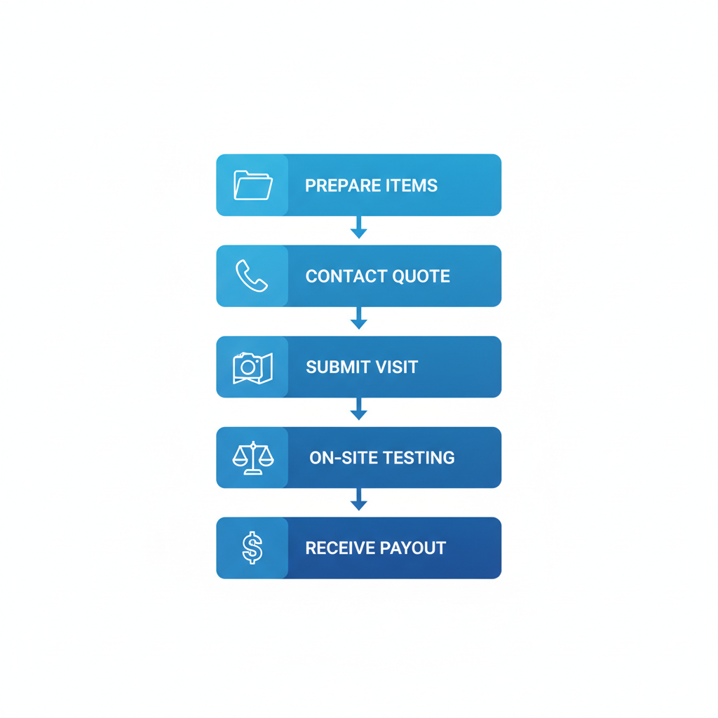 Vertical process flow diagram showing five steps to sell gold bullion: prepare items, contact for quote, submit photos or visit, on-site testing, and receive cash payout.
