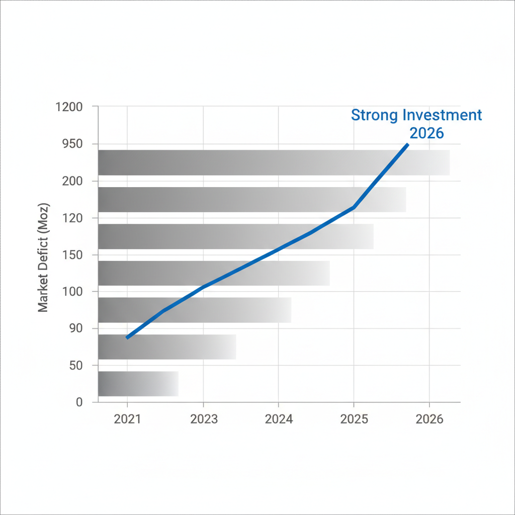 Horizontal bar chart of silver market deficits in New York City from 2020 to 2026 with investment projections