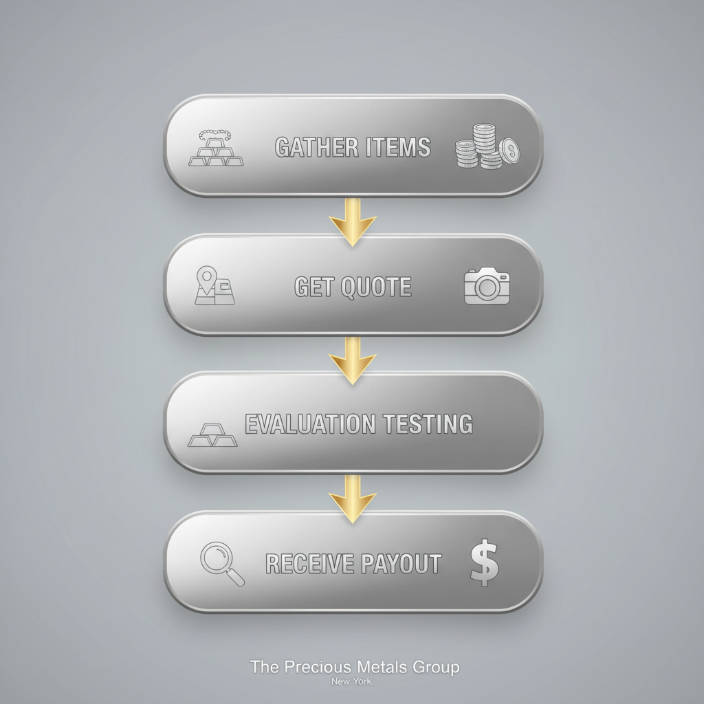 Vertical process flow diagram illustrating the steps to sell silver in New York at The Precious Metals Group.