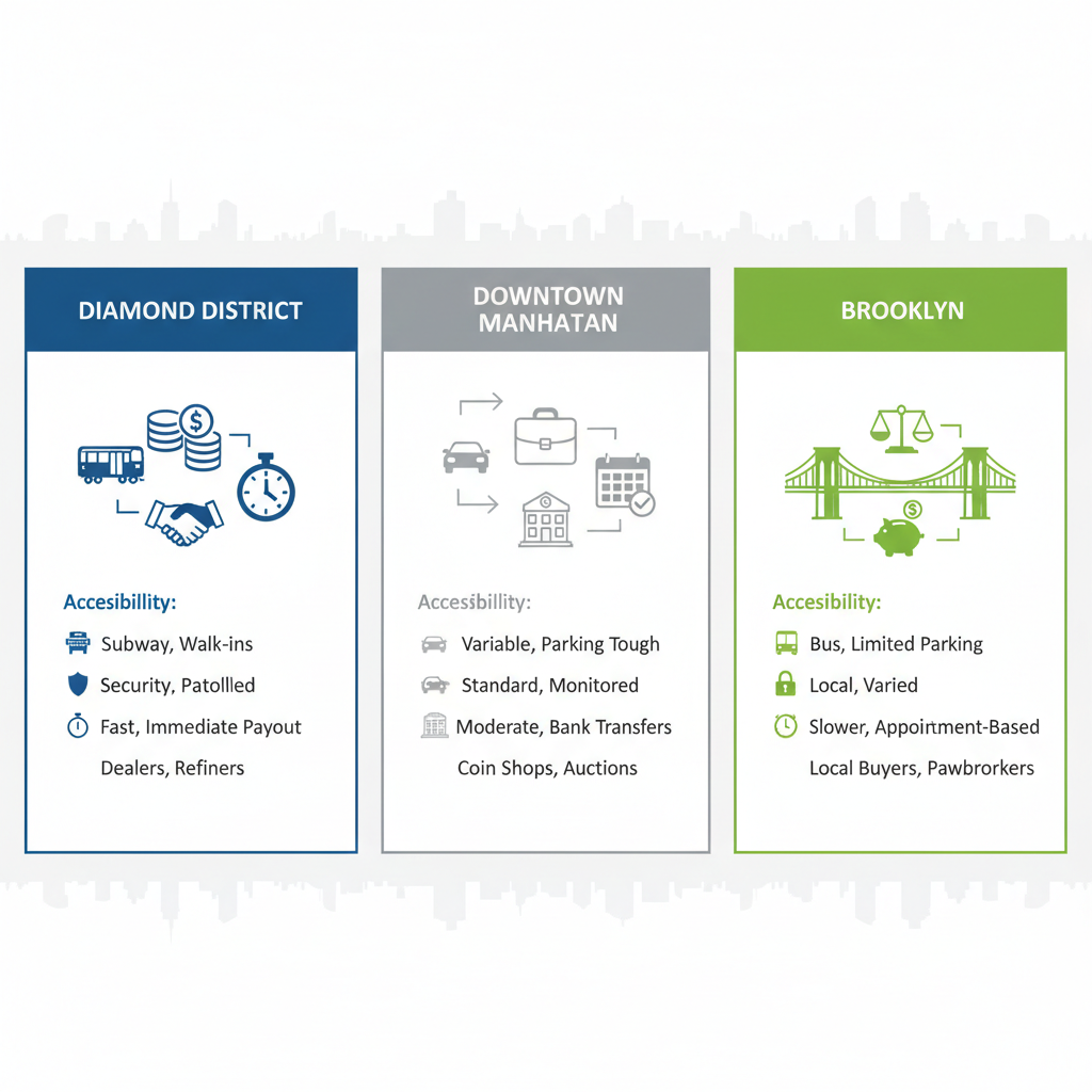 Infographic comparing Diamond District, Downtown Manhattan, and Brooklyn for selling silver coins in NYC, highlighting accessibility, security, transaction times, and services.