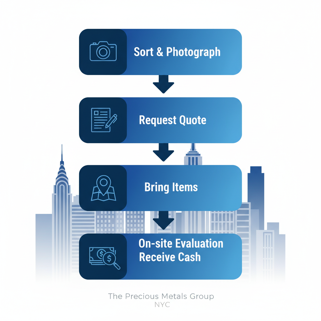 Vertical process flow diagram illustrating five steps to sell silver coins in New York City: sorting and photographing, requesting quote, bringing items, on-site evaluation, and receiving cash payout.