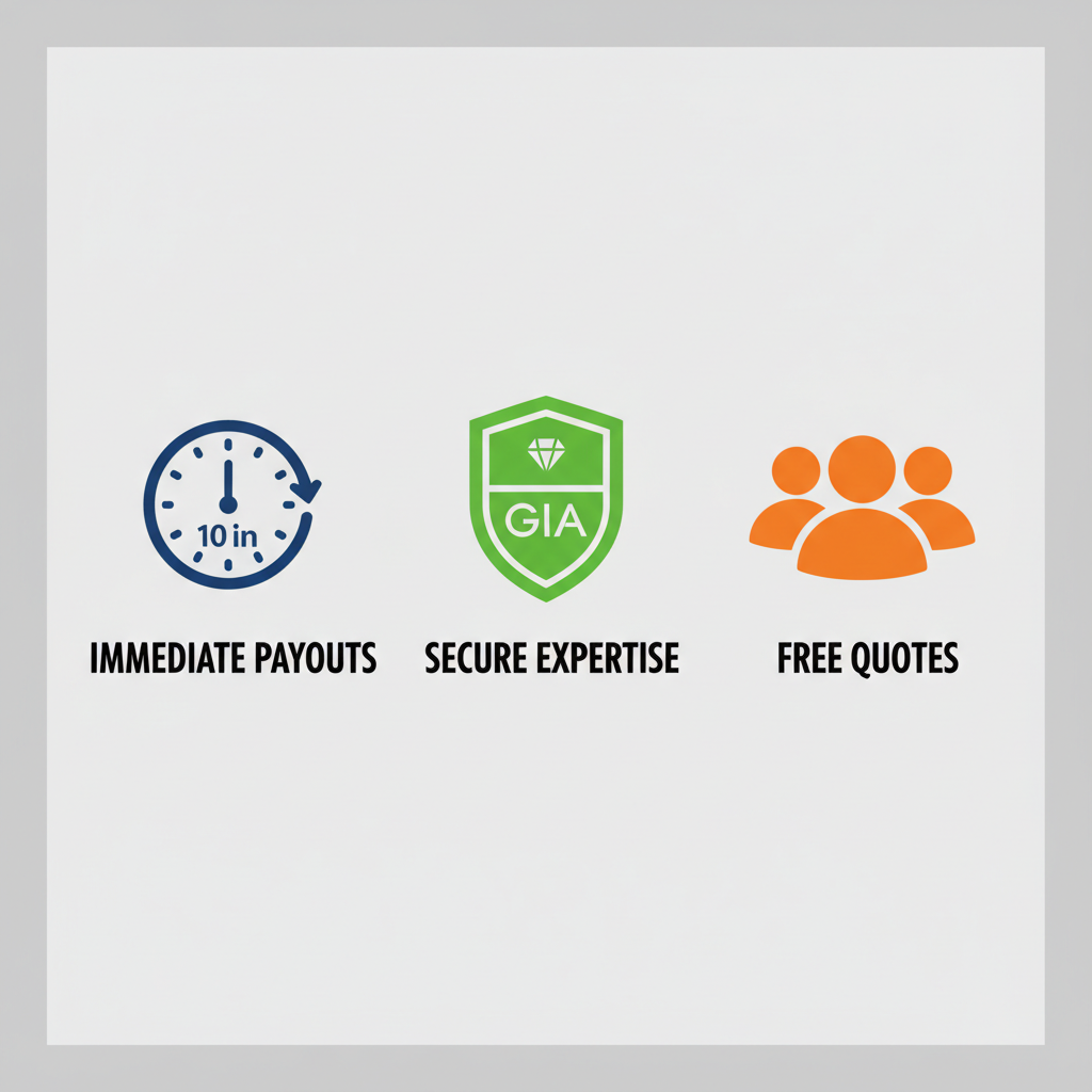 Icons depicting key benefits of selling platinum in NYC: fast transactions, secure expertise, and seller options.