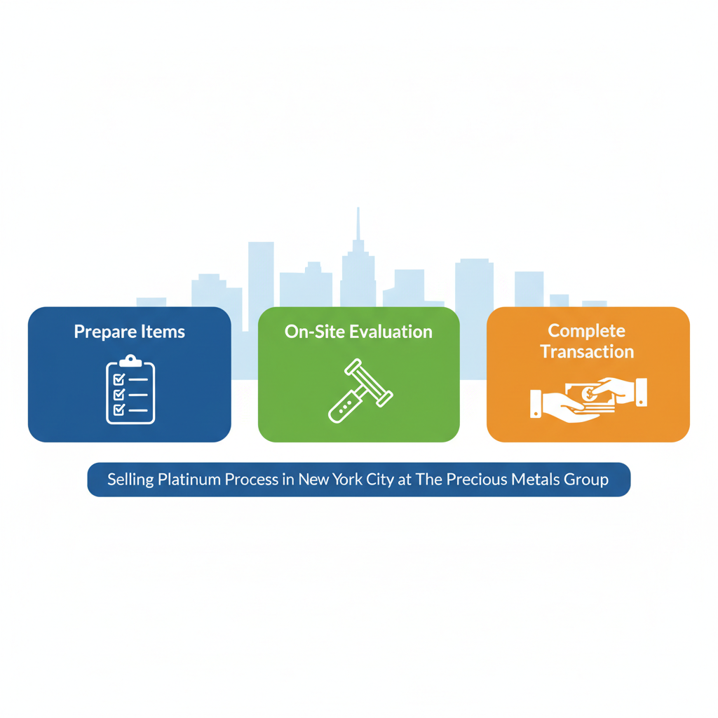 Horizontal process flow diagram illustrating three steps for selling platinum in New York City
