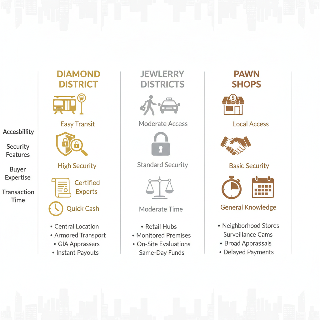 Infographic comparing Diamond District, Jewelry Districts, and Pawn Shops for selling platinum in NYC based on accessibility, security, expertise, and transaction time