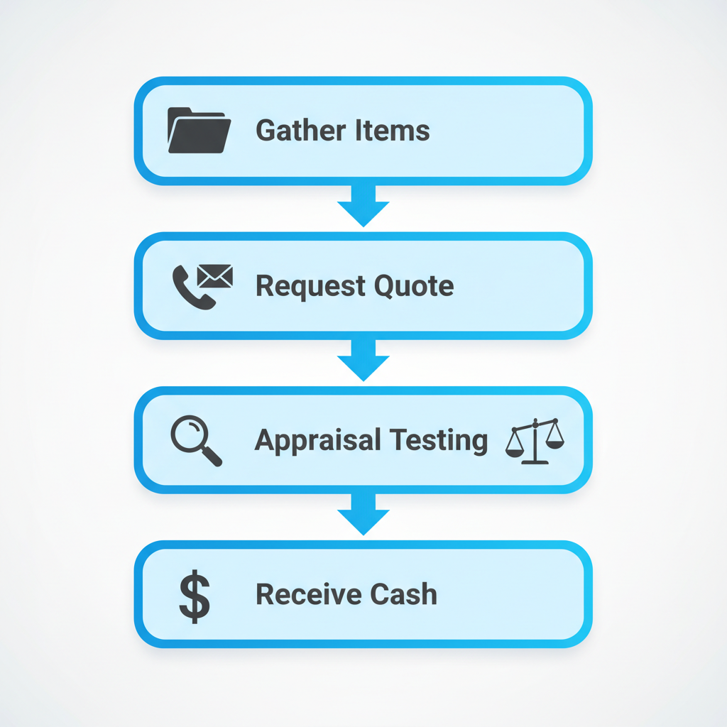 Accessibility diagram of four-step vertical process for selling platinum: gather items and documentation, request free quote, appraisal and testing, complete transaction and receive cash.