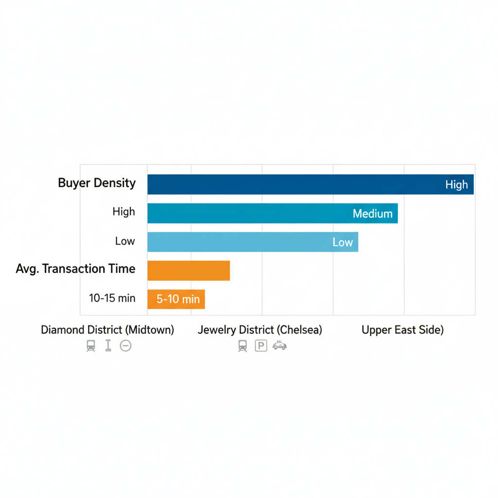 Horizontal bar chart comparing platinum selling areas in New York City by buyer density and transaction time, with accessibility icons.