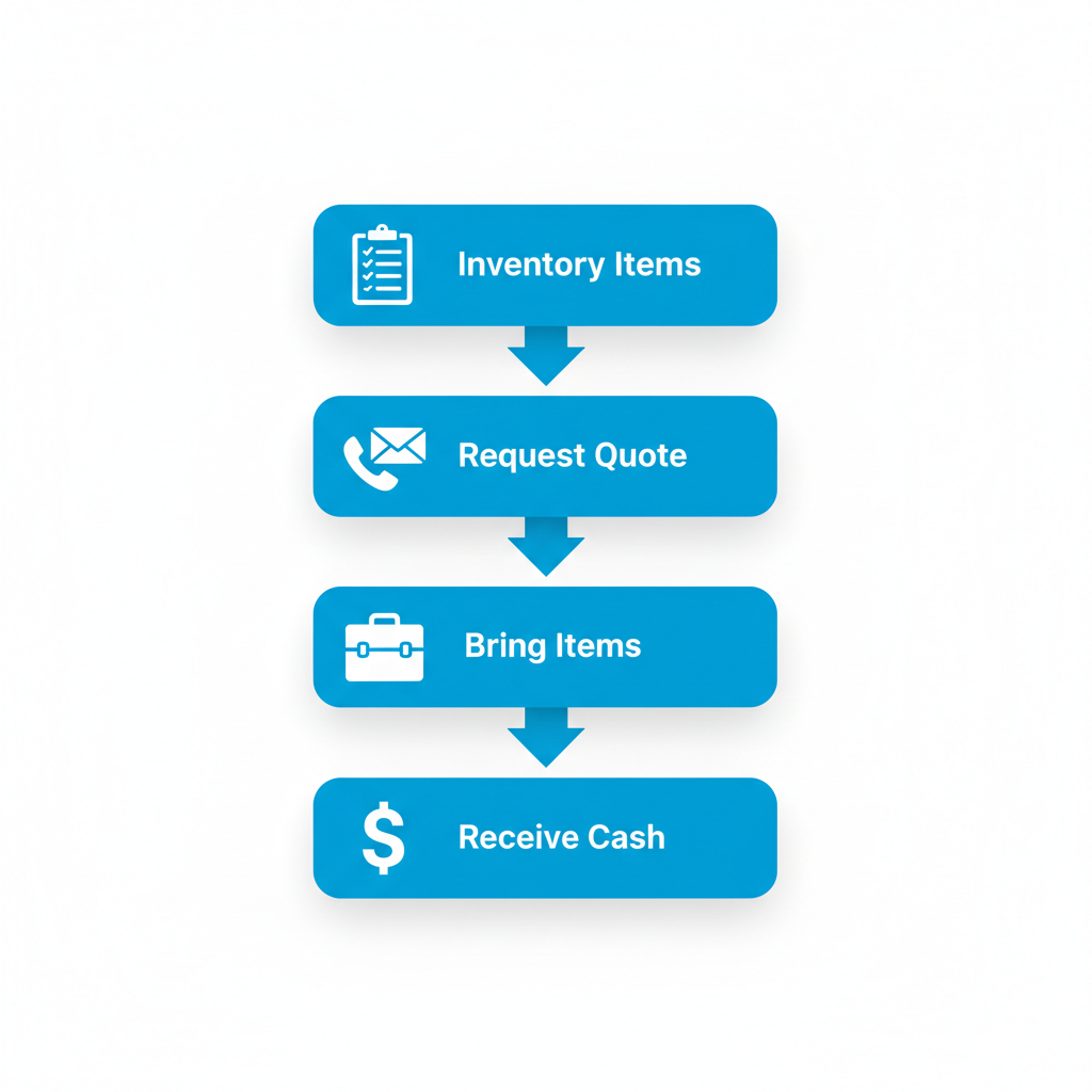 Vertical process flow diagram illustrating steps for selling platinum in NYC: inventory items, request quote, bring items for appraisal, receive cash payout