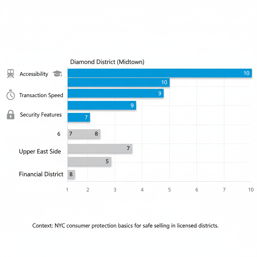 Horizontal bar chart comparing ratings of NYC areas for selling watches: Diamond District, Upper East Side, Financial District across accessibility, expertise, speed, and security.