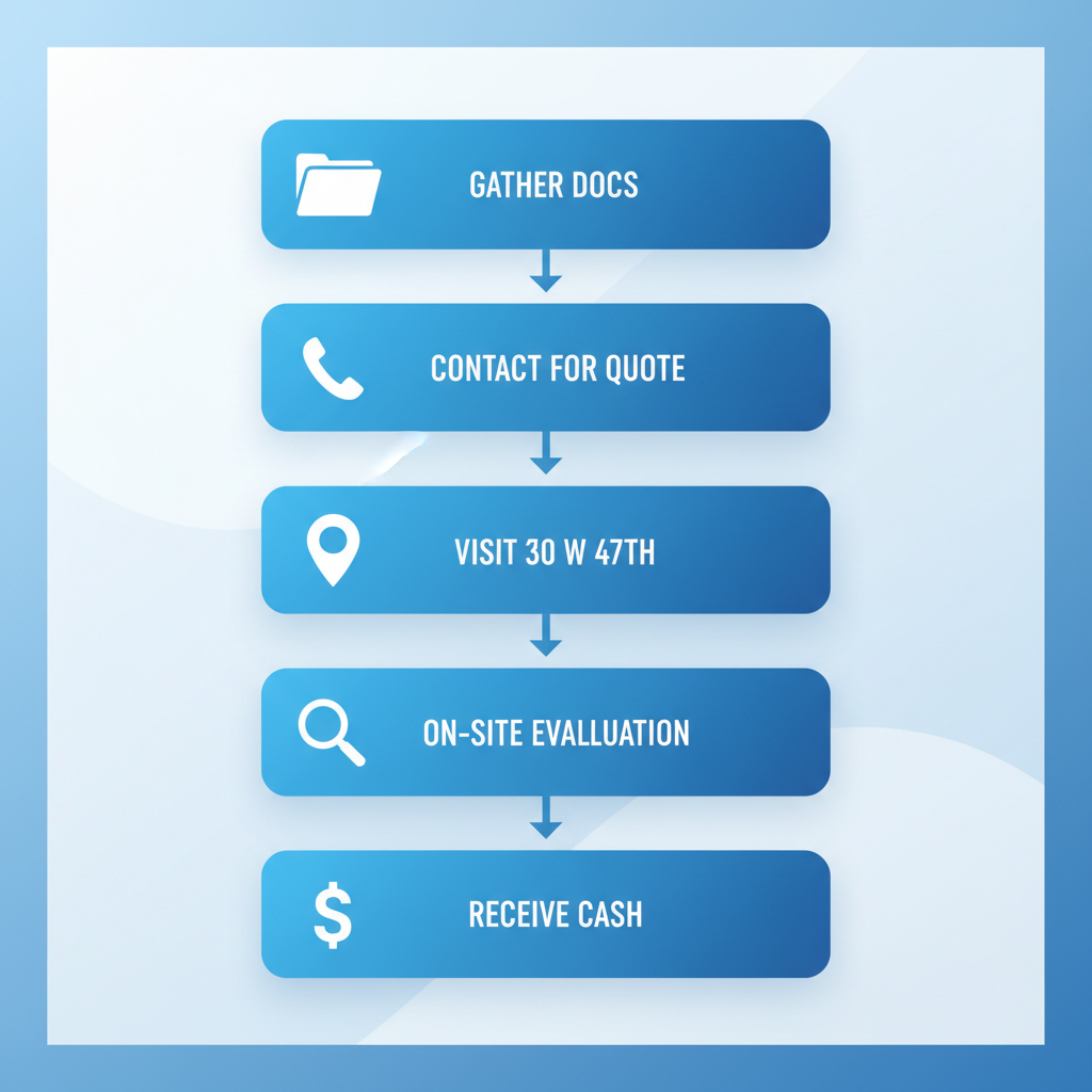 Vertical process flow diagram illustrating five steps to sell a watch in NYC: gather documents and photos, contact for quote, visit location, on-site evaluation, receive immediate cash.
