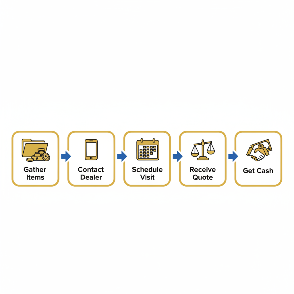 Horizontal process flow diagram showing five steps to sell precious metals in NYC: gather items and documentation, contact dealer, schedule visit, receive evaluation and quote, accept and get immediate cash payout.