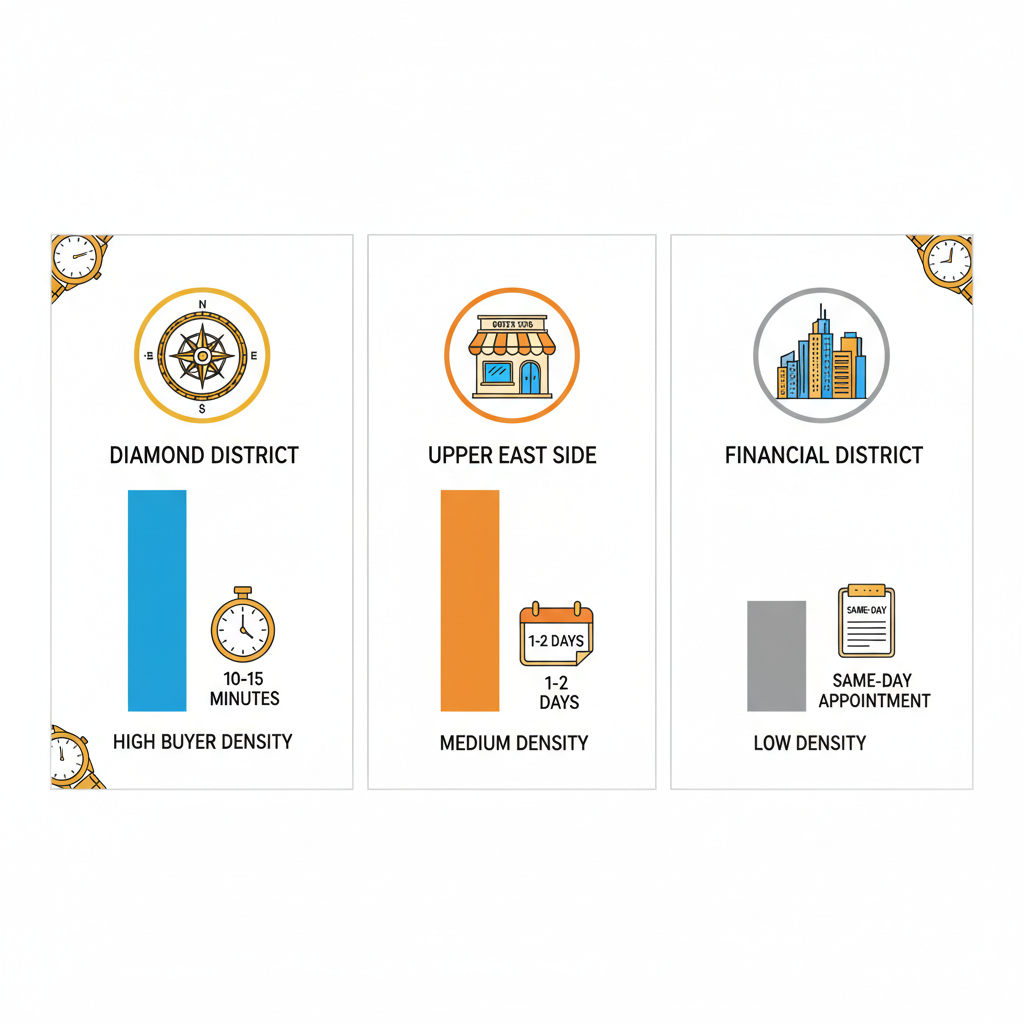 Infographic comparing Diamond District, Upper East Side, and Financial District for selling luxury watches in NYC with buyer density and processing time visuals