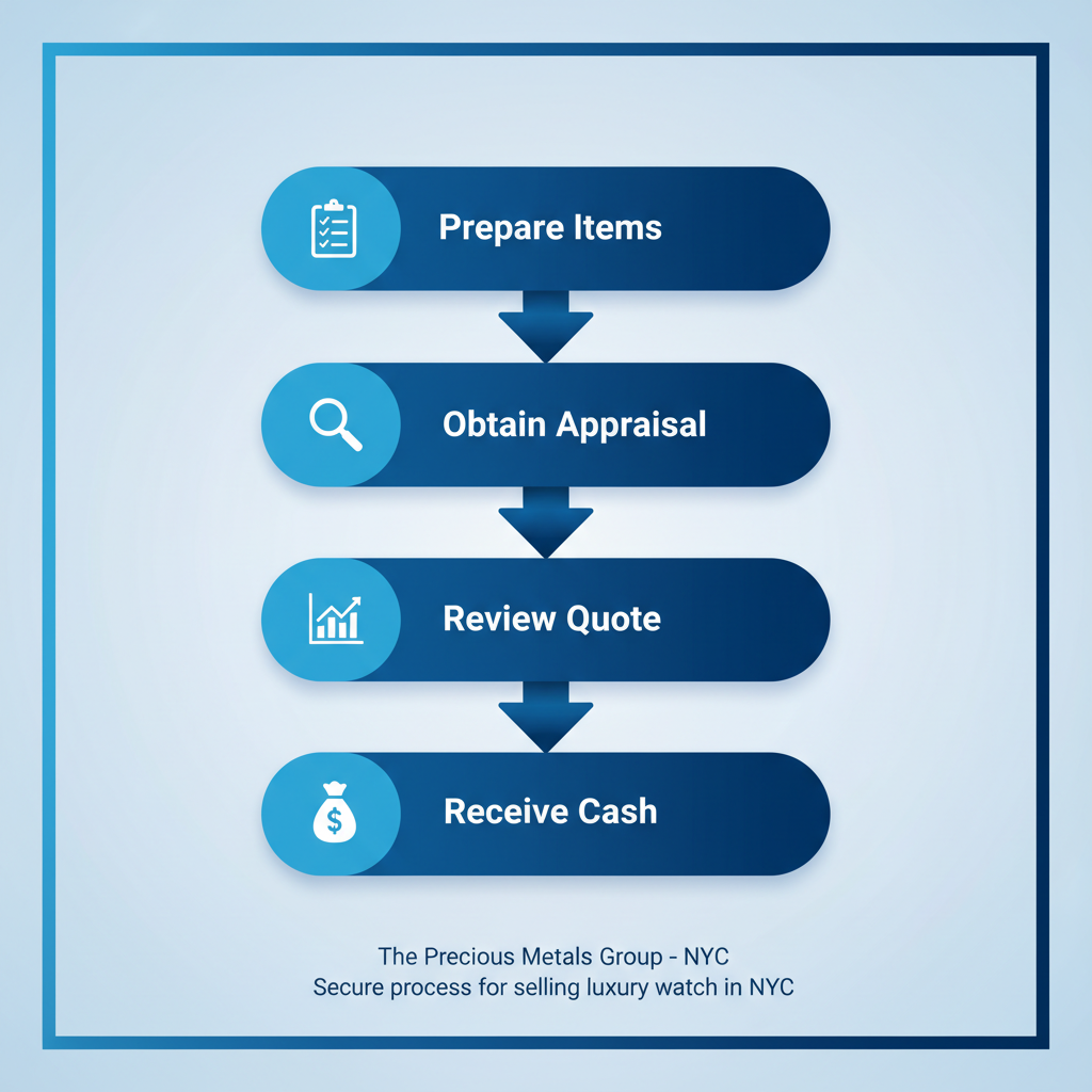 Vertical process flow diagram illustrating the four steps to sell a used luxury watch in New York City, featuring icons and brief labels.