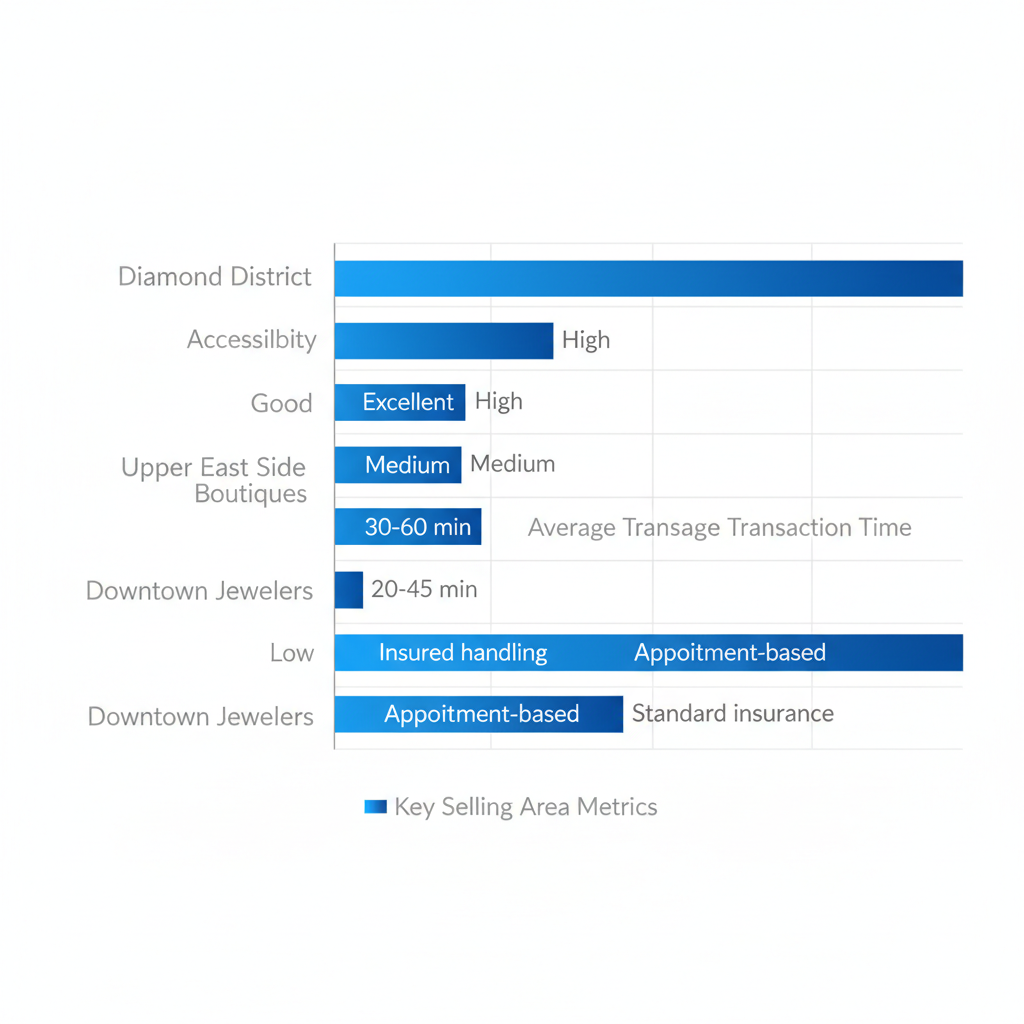 Horizontal bar chart comparing accessibility, dealer density, transaction times, and security for selling Rolex in NYC areas