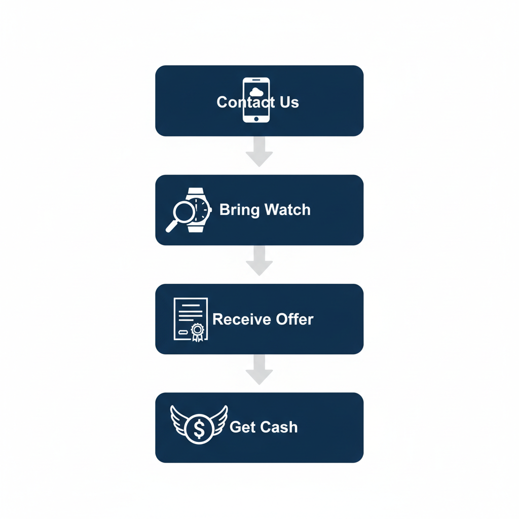 Vertical process flow diagram showing four steps to sell a Rolex watch: contact, appraisal, offer, and cash payout.