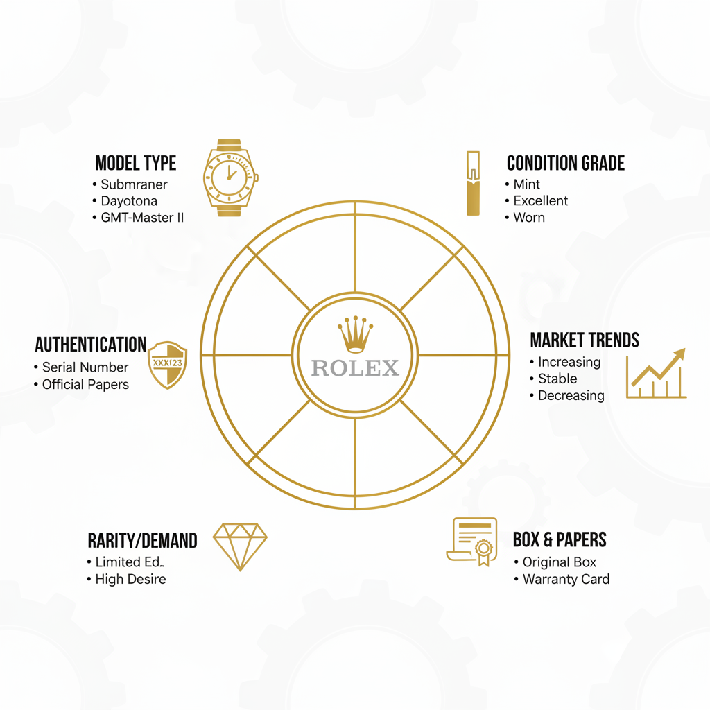 Infographic showing factors affecting Rolex watch value including model, condition, and market trends
