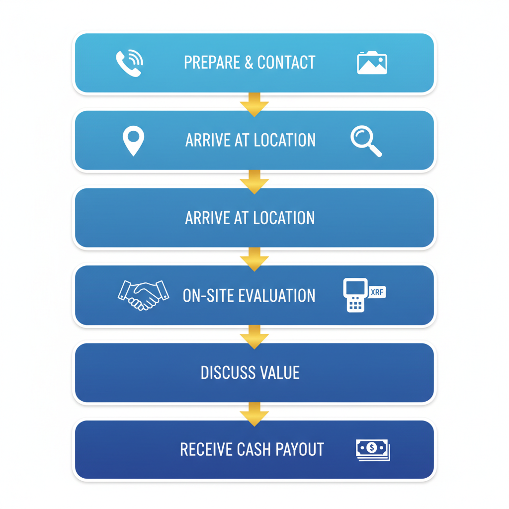 Vertical process flow diagram of the five-step Rolex selling process in NYC, featuring icons for preparation, arrival, evaluation, discussion, and payout.