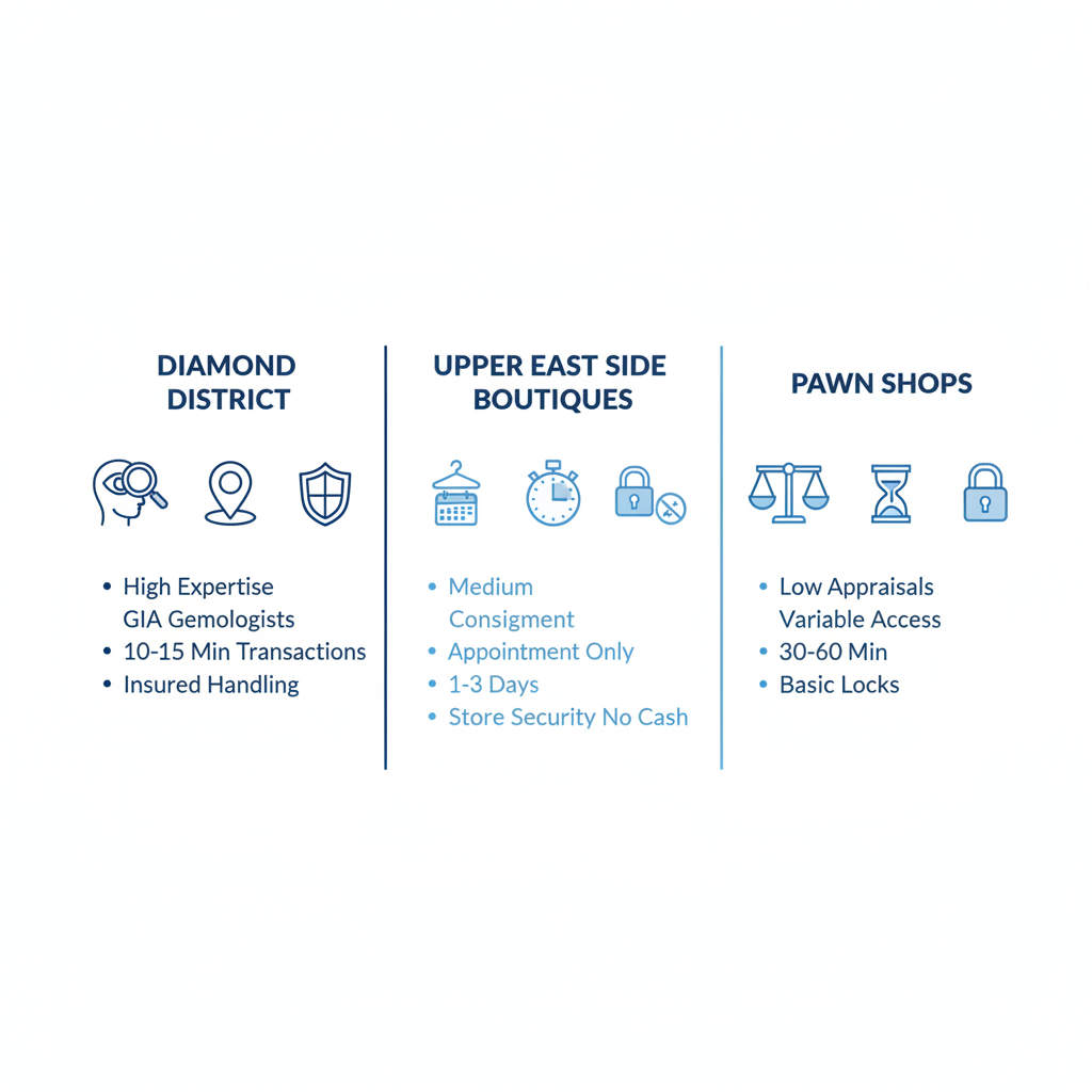 Infographic comparing Diamond District, Upper East Side Boutiques, and Pawn Shops for selling luxury watches in NYC, highlighting expertise, access, speed, and security.