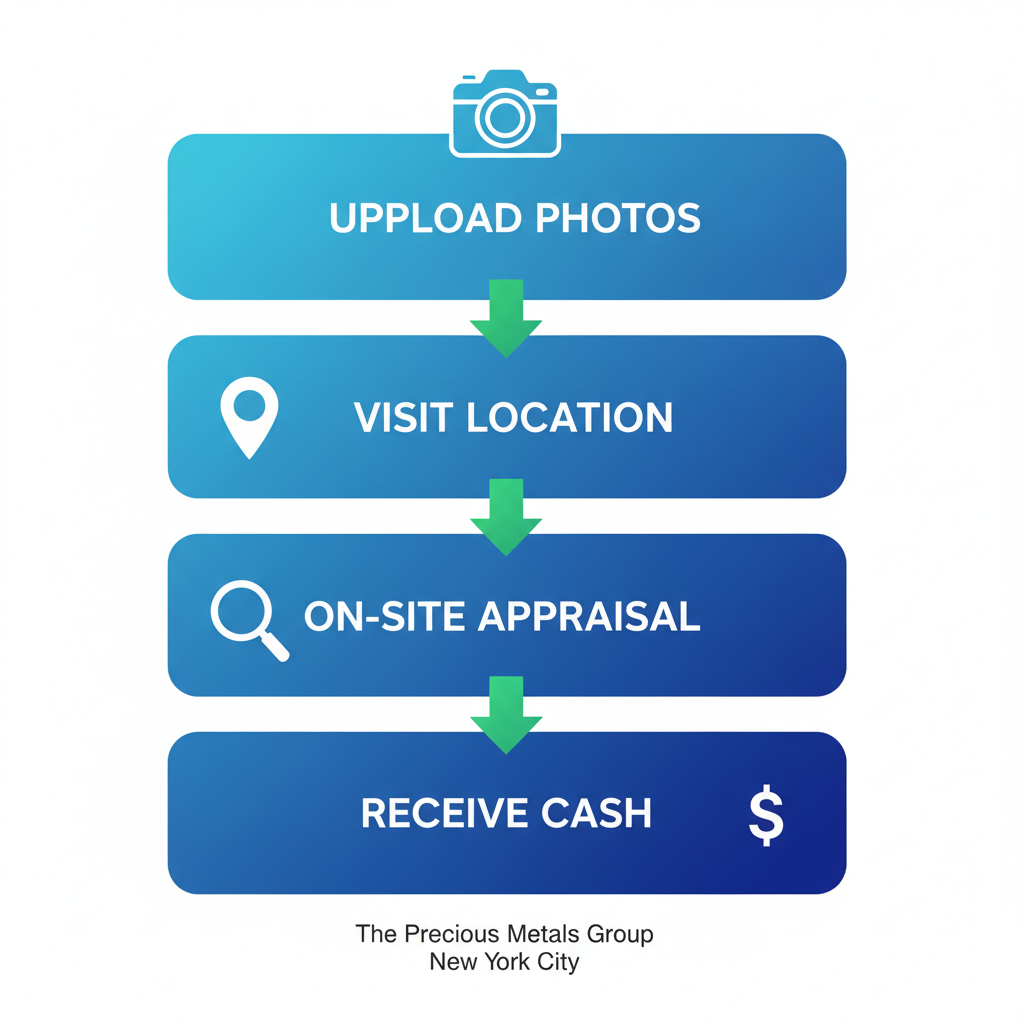 Vertical process flow diagram illustrating the four steps to sell a Patek Philippe watch: uploading photos online, visiting the 47th Street location, on-site appraisal, and receiving instant cash payout.