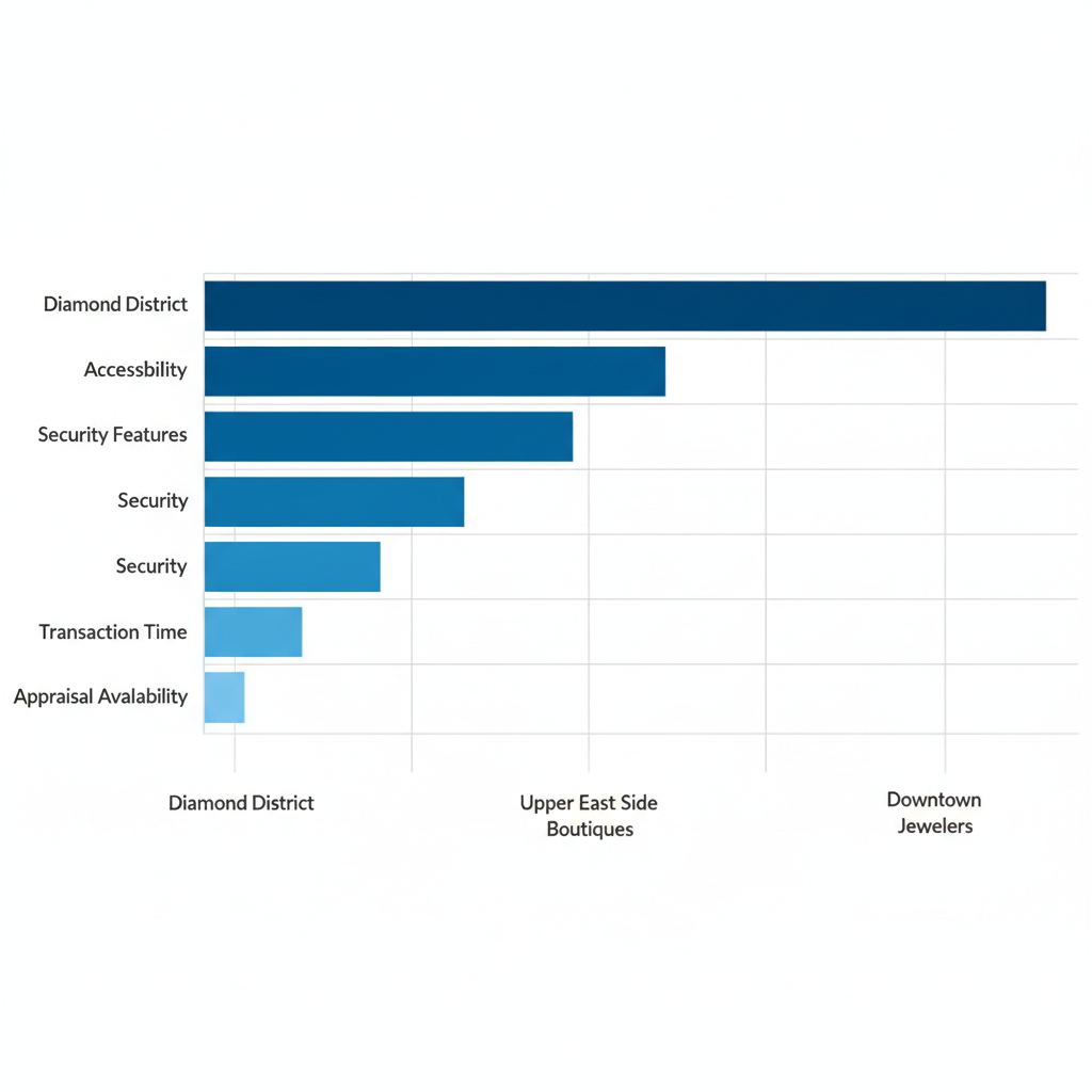 Horizontal bar chart comparing Rolex selling areas in NYC by accessibility, security, transaction time, and appraisal availability, highlighting Diamond District advantages.