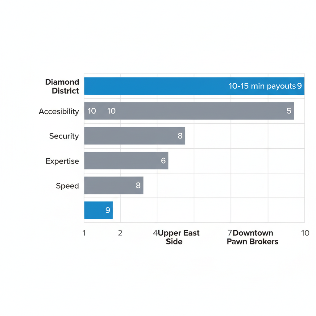 Bar chart comparing accessibility, security, expertise, and speed ratings for selling luxury watches in NYC's Diamond District, Upper East Side, and Downtown Pawn Brokers.