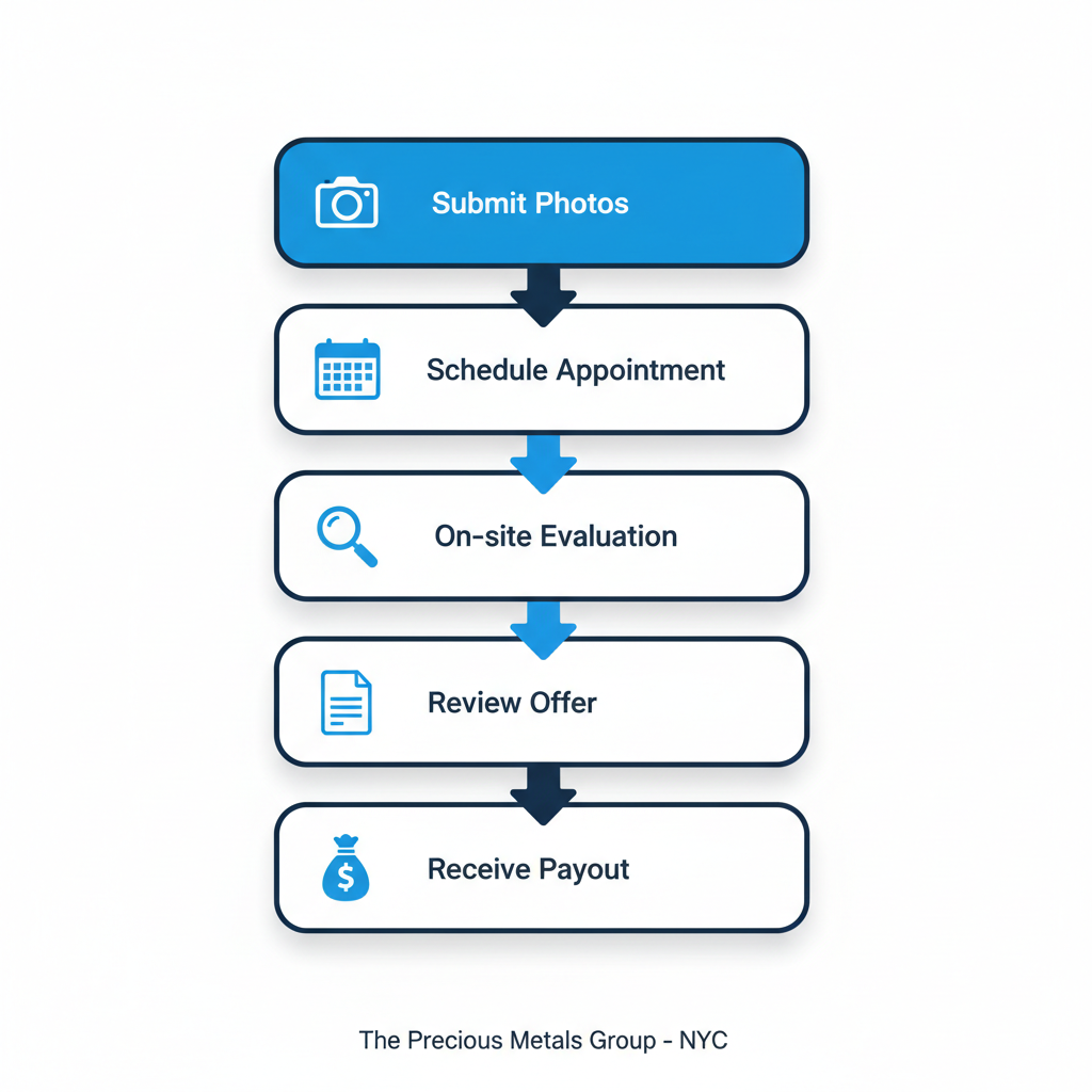 Vertical process flow diagram illustrating five steps to sell a Patek Philippe watch including photo submission, appointment, evaluation, offer review, and payout.