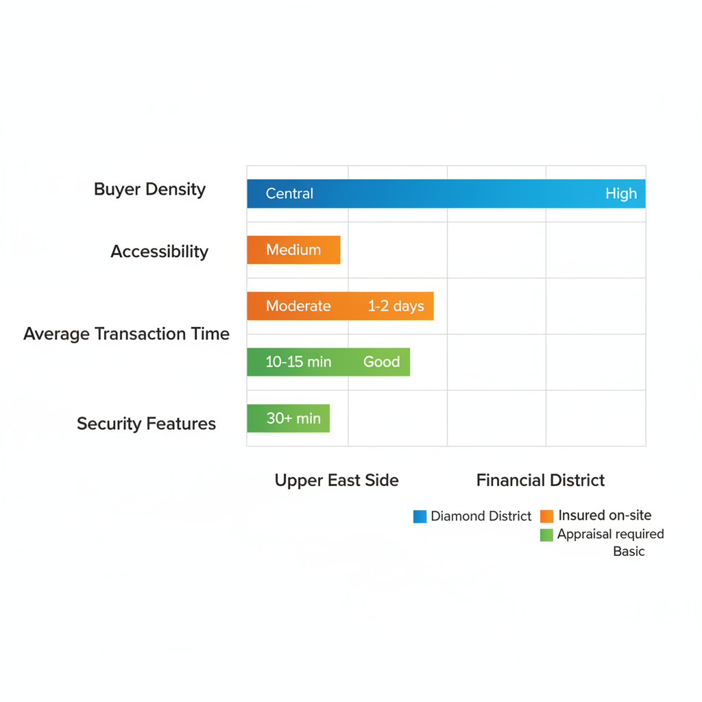 Horizontal bar chart comparing buyer density, accessibility, transaction time, and security for selling Patek Philippe watches in NYC's Diamond District, Upper East Side, and Financial District.
