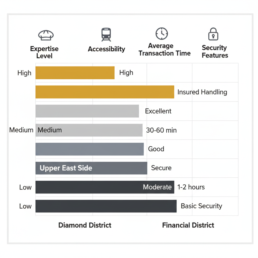 Bar chart comparing Diamond District, Upper East Side, and Financial District in NYC for luxury watch sales across expertise, accessibility, transaction time, and security features.