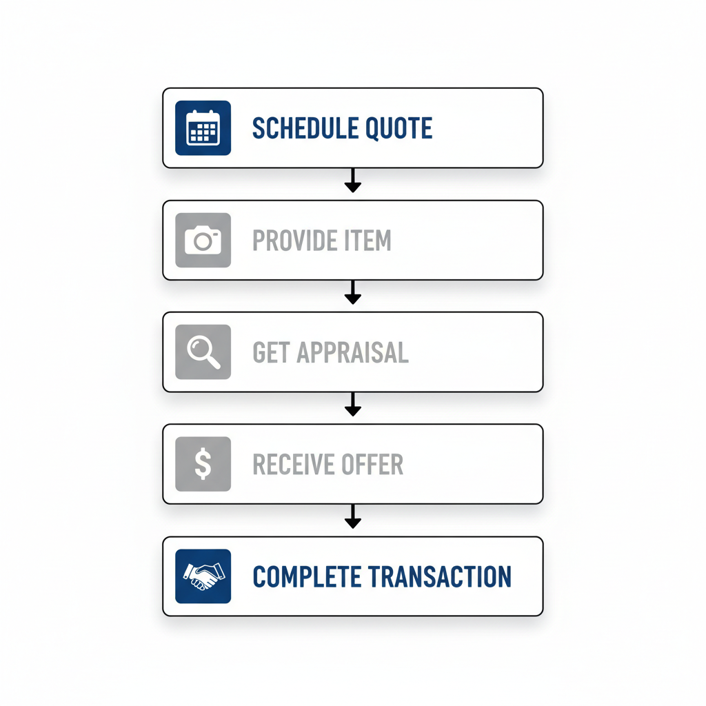 Vertical process flow diagram showing five steps to sell a luxury watch in NYC, with icons and minimal labels emphasizing secure transactions.